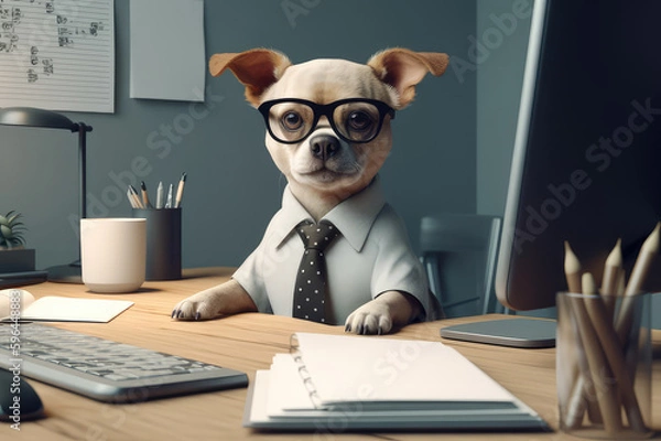 Fototapeta professional dog with glasses, shirt and tie sitting at the office with documents, computer, report and office supplies, office worker and business concept  , generative AI