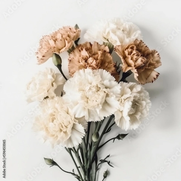 Fototapeta A vintage bouquet of white, pink and orange carnations, white background, bright light