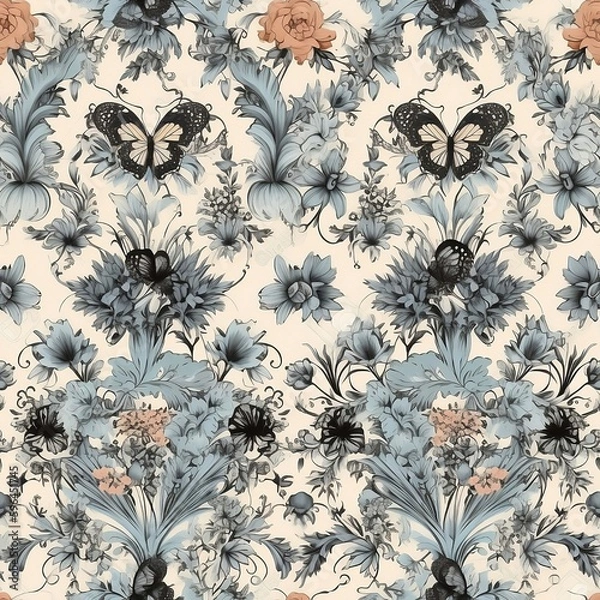 Obraz Floral and Butterflies Seamless Wallpaper in Victorian Motif (ai generated)