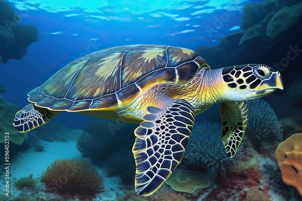 Obraz Sea Turtle Under a Tropical Colorful Clear Sea Looking, Generative AI