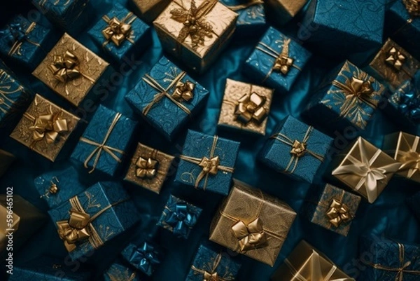 Fototapeta Trendy blue and gold Christmas pattern of neatly arranged gifts for wallpaper or background. Generative AI