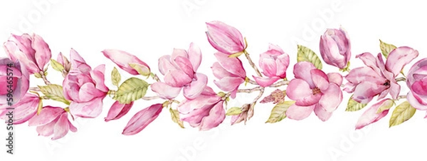 Obraz Watercolor illustration, seamless horizontal border with pink flowers. Magnolia flowers header