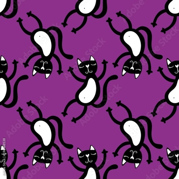 Fototapeta Halloween black cats seamless cartoon animals pattern for wrapping paper and fabrics and linens and kids
