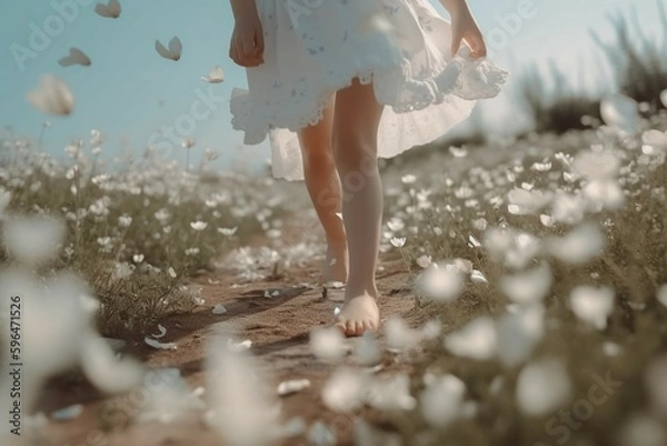 Fototapeta A close - up of child legs wearing white clothes and running around on the field of white flowers, blurred background of a lot of white and blue petals fluttering by wind, sunlight. AI generative
