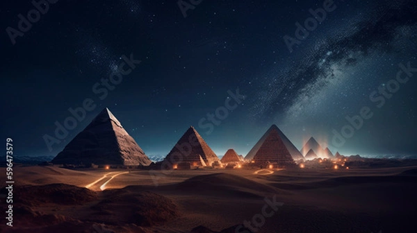 Fototapeta Egyptian pyramids are present in this future desert environment at night. Stars in the night sky, light beams, and galaxy glare. in the pyramid's tunnel. Generative AI