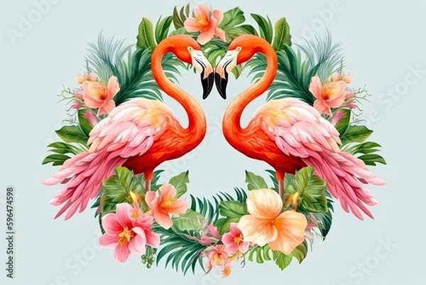 Fototapeta two pink flamingos in a tropical paradise. Generative AI