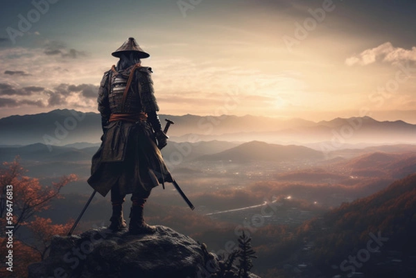 Fototapeta a samurai looks out over the world at sunset from a mountain, generative AI