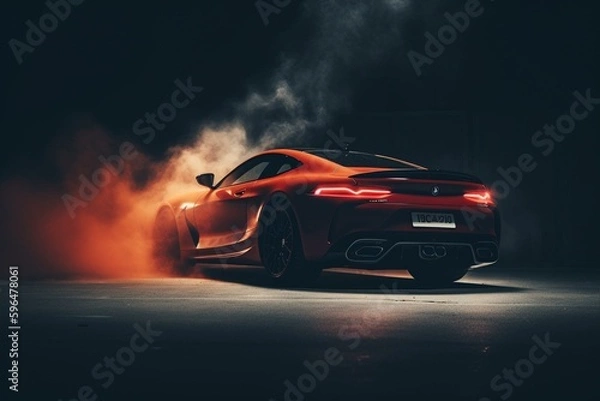 Fototapeta A red smoke-engulfed sports car drifts on a dark background. Supercar in motion. Generative AI