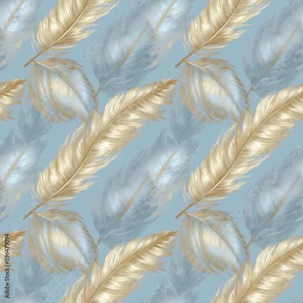 Obraz Blue and gold feathers seamless pattern Generative AI