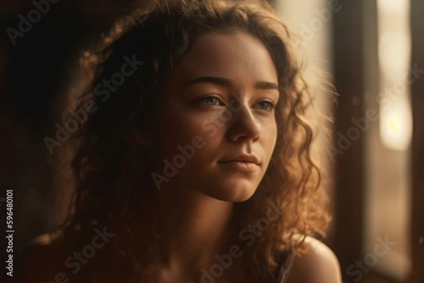 Fototapeta young woman with long wavy hair looks out of window created with Generative AI technology