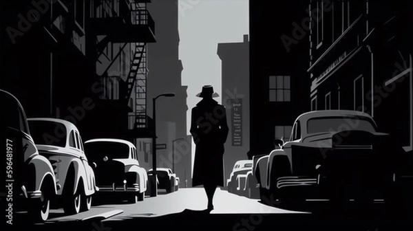 Fototapeta Picture a looming, ominous building, its facade dark and foreboding. In front of the building stands a figure, their fedora pulled low over their eyes. They are ready to confront the danger that lurks