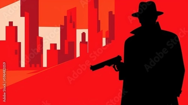 Fototapeta A spy thriller set during the Cold War, featuring a stylized silhouette of a man in a trench coat holding a gun against a backdrop of stark, geometric shapes and bold, red typography.