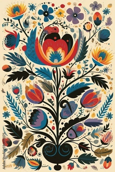 Fototapeta Colorful, folk, flowers pattern illustration made with Generative AI 