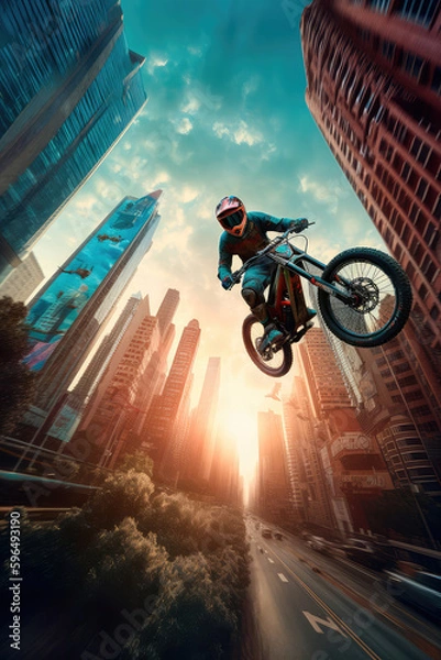 Obraz A high-tech bicycle with anti-gravity technology that proves it through the sky above a cityscape. Generative AI