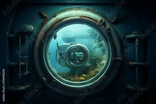 Fototapeta Underwater door with bubbly ship window. Generative AI