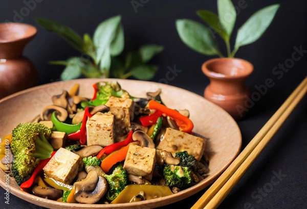 Fototapeta Vegan vegetable stir-fry created with Generative AI technology