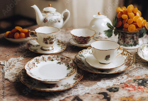 Obraz tea tableware set created with Generative AI technology