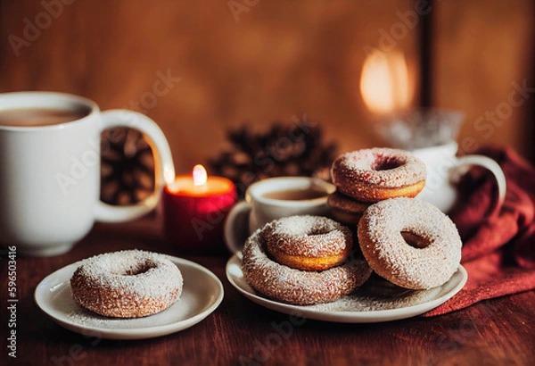 Fototapeta Vegan Donuts with coffee created with Generative AI technology