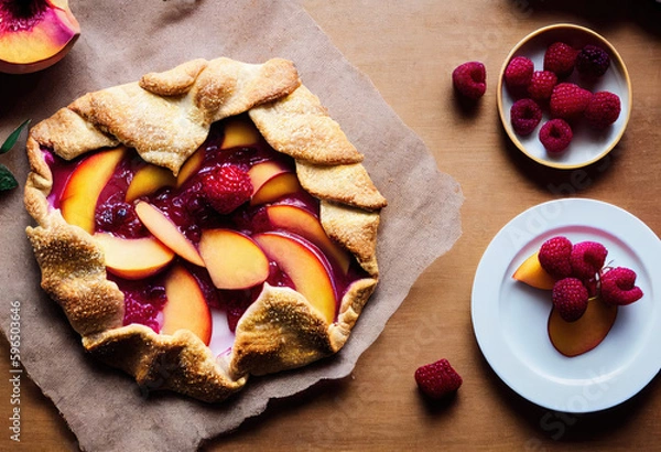 Fototapeta Vegan Peach and Raspberry Galette created with Generative AI technology