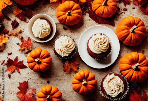 Fototapeta Pumpkin Cupcakes on a wooden table created with Generative AI technology