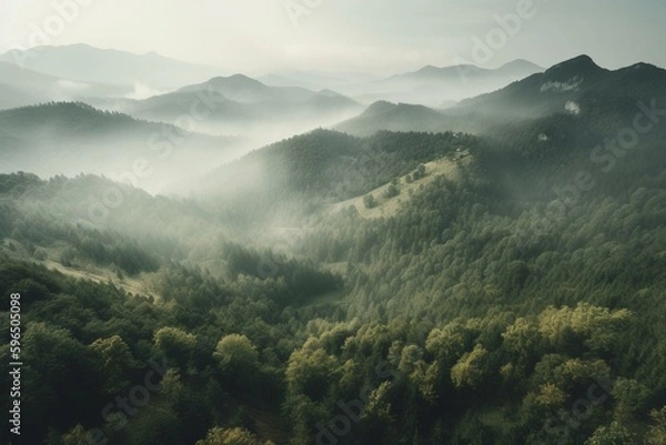 Fototapeta Landscape of green mountains shrouded in mist. Generative AI