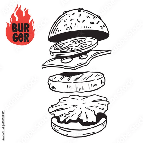 Obraz Hand drawn burger vector doodle. Hamburger sketch illustration for print, web and infographics.
