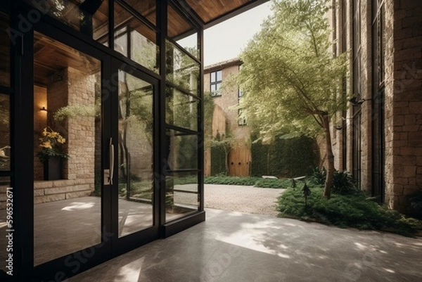 Obraz Estate entrance with walkway, trees & big windows in daylight. Generative AI