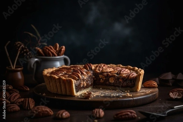 Fototapeta Scrumptious pecan pie against gray backdrop. Generative AI