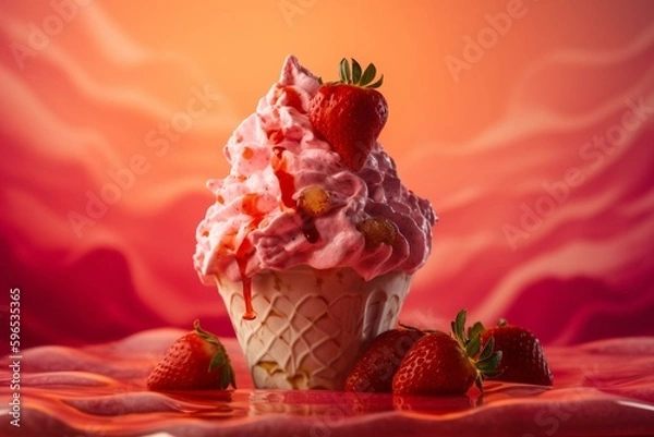 Fototapeta A strawberry sundae with pink background, swirls, and red sky. Generative AI