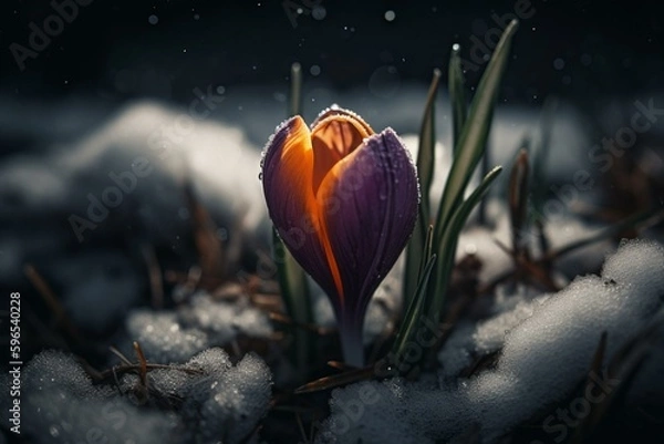 Fototapeta An illustration of a crocus flower growing through snow. Generative AI