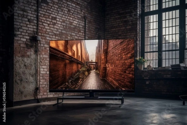Fototapeta Big TV on brick wall in public space. Generative AI