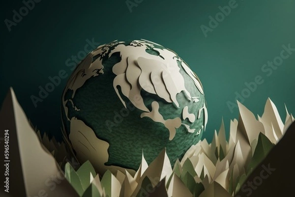 Fototapeta Green and white paper cutout of Earth for Earth Day illustration. Generative AI