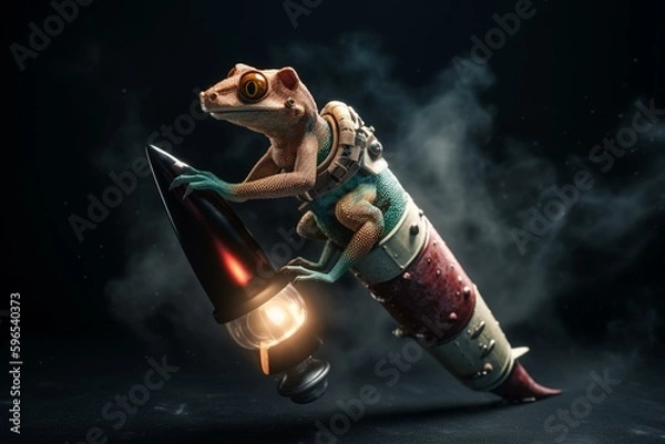 Fototapeta Gecko riding a rocket. Generative AI