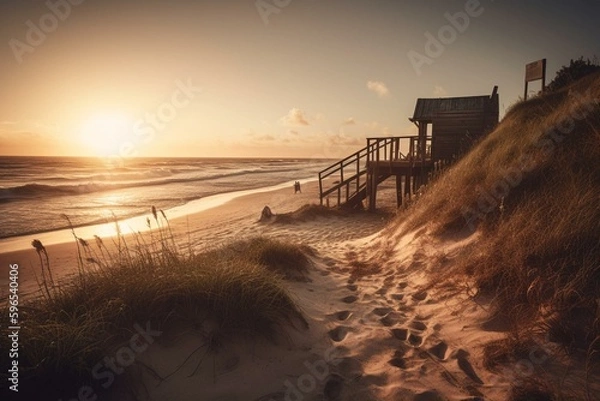 Fototapeta Vintage beach scene at sunrise. Generative AI