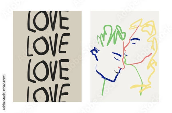 Obraz Modern Art prints collection. Set of contemporary bohemian prints in color line style. Valentine day cards template. Posters in matisse style for wall decor. Silhouette of lovers. Vector illustration