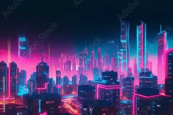 Fototapeta A futuristic city skyline with neon lights in blue and pink. A night scene with advanced buildings. Generative AI
