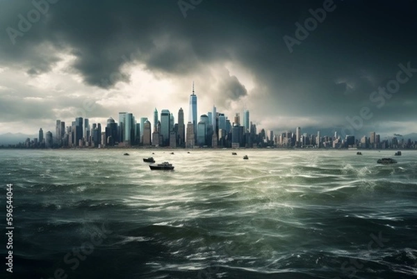 Fototapeta Future metropolis on water's edge amidst stormy skyline. Generative AI