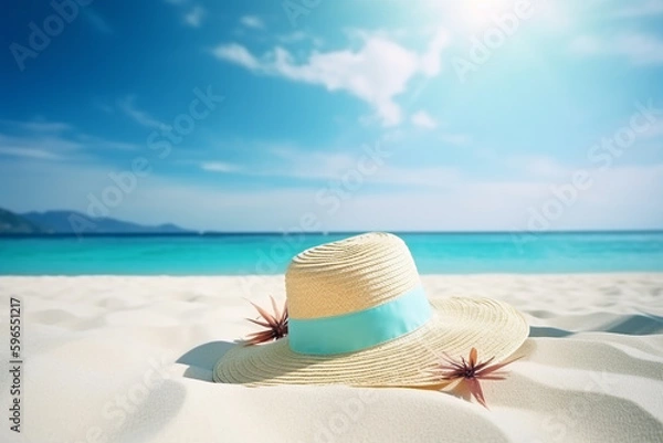 Fototapeta Summer holiday background with tropical beach and sunbathing accessories. Generative ai