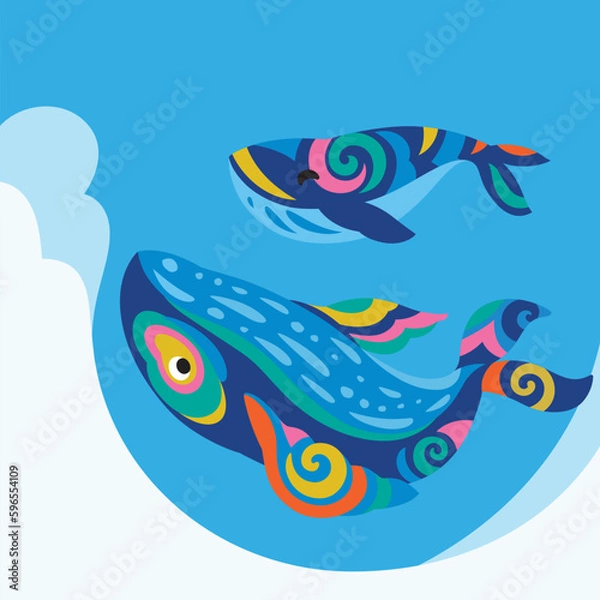 Fototapeta Mother whale with cute baby in the ocean. Vector design in tribal style