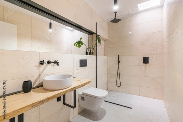 Fototapeta Bright stylish spacious bathroom with a round sink on a wooden countertop, a toilet and a shower. The concept of new housing or renovation in an old apartment