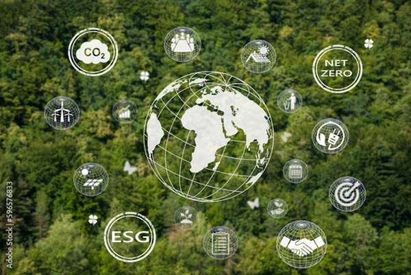 Fototapeta Ikony net zero w widoku z góry lasu dla środowiska naturalnego neutralnego pod względem emisji dwutlenku węgla oraz dla klimatu. Strategia długoterminowa cele emisji gazów cieplarnianych.