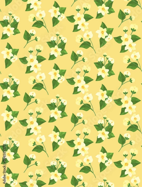 Fototapeta 黄色い小花と緑の葉のシームレスパターン
