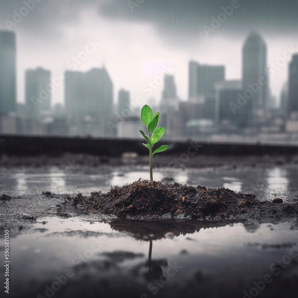 Fototapeta sprout are growing in the concrete, Generative AI