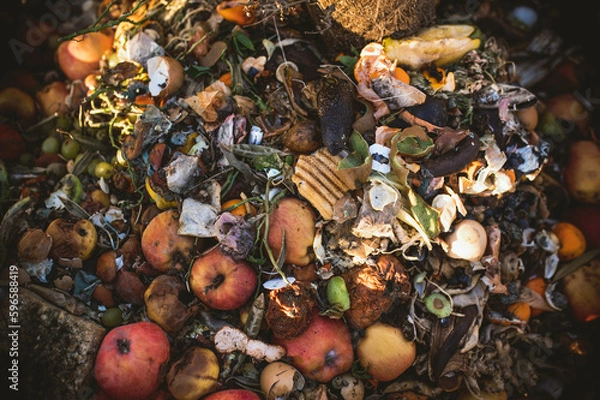 Fototapeta Ecological composting fruit and vegetables in a compost in a village. Healthy life style for a earth