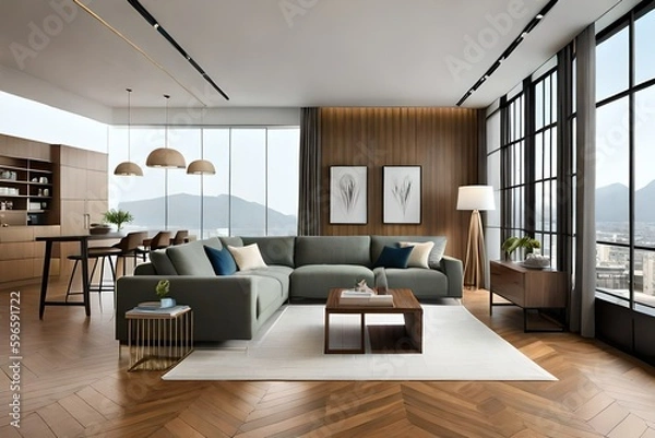 Fototapeta Interior design of a living room that seamlessly blends modern and traditional elements, providing a unique and eclectic atmosphere.