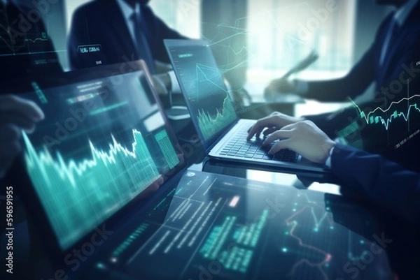 Obraz A businessman is working on a laptop computer, focusing on data analysis, business finance, and investment. The virtual screen displays financial graphs and stock exchange interfaces