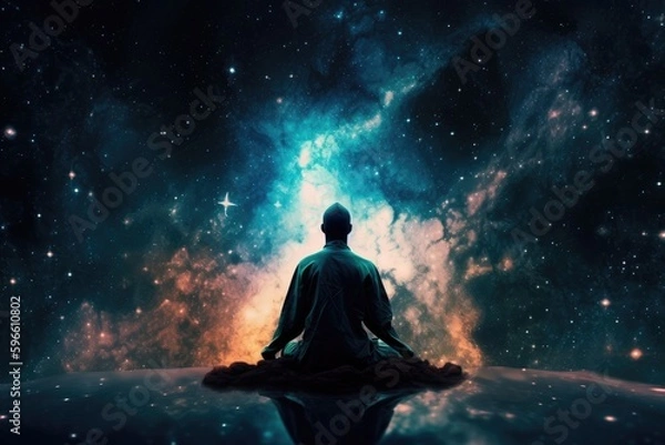 Fototapeta Man in meditation pose. Enlightenment psychic wave transcendence of consciousness generative ai