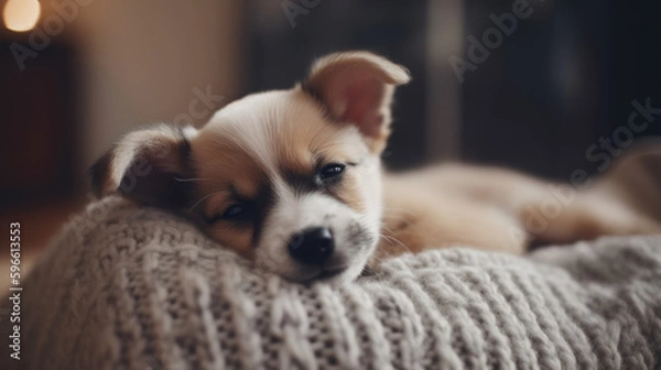 Fototapeta Tired Little Dog Squinting and Closing Eyes on Soft, Cozy Background. AI Generative