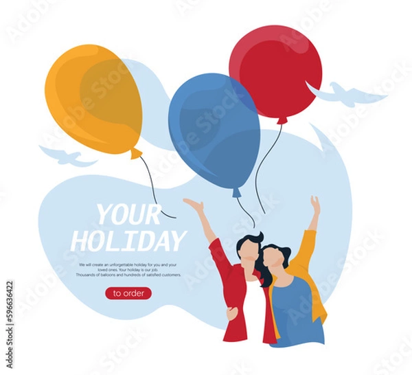 Obraz Web site banner. Happy people launch balloons into the sky. Festive mood. Blue sky, doves. Vector image.