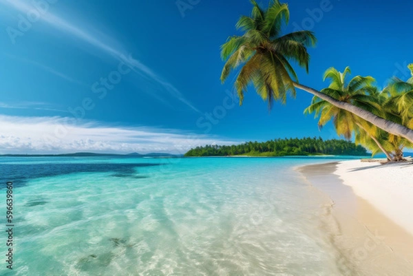 Fototapeta Tropical beach paradise with a coconut palm tree ina white sand with blue sky. Generative AI
